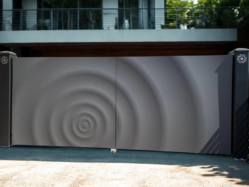 The wave‑design feature within a series of art‑inspired aluminium gate styles showcasing solid‑panel, geometric, and decorative designs.